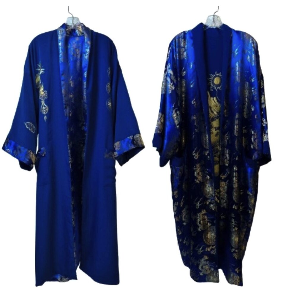 Reversible Kimono Robe Blue Gold Sea Serpent Embroidery /5 Toe Dragon Jacquard